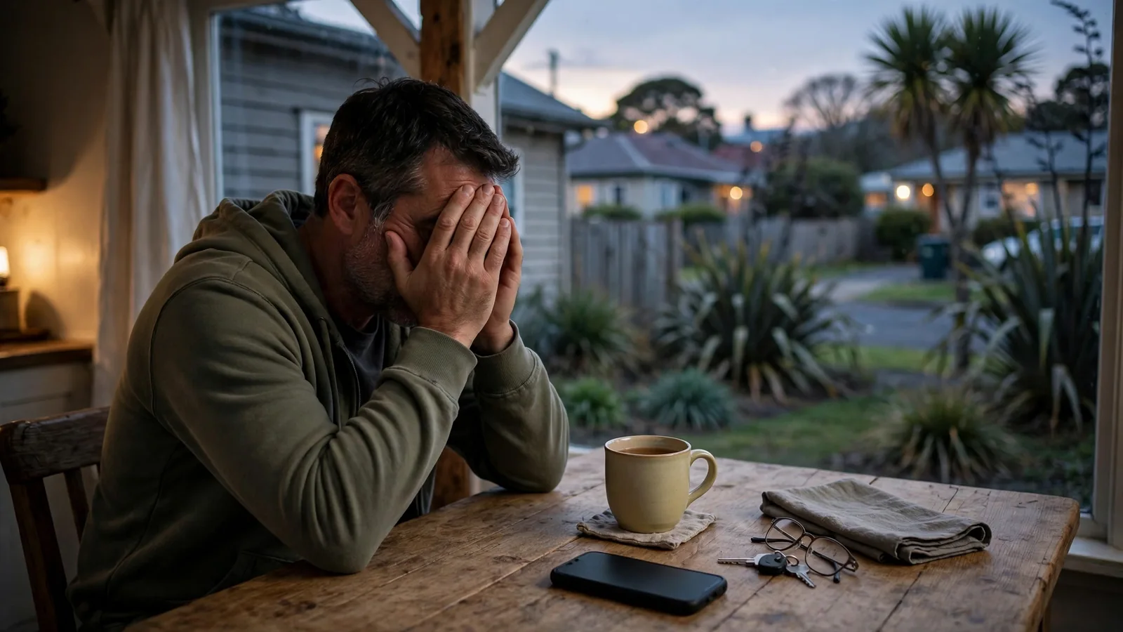 Man sitting alone at a kitchen table looking troubled at dusk in New Zealand.