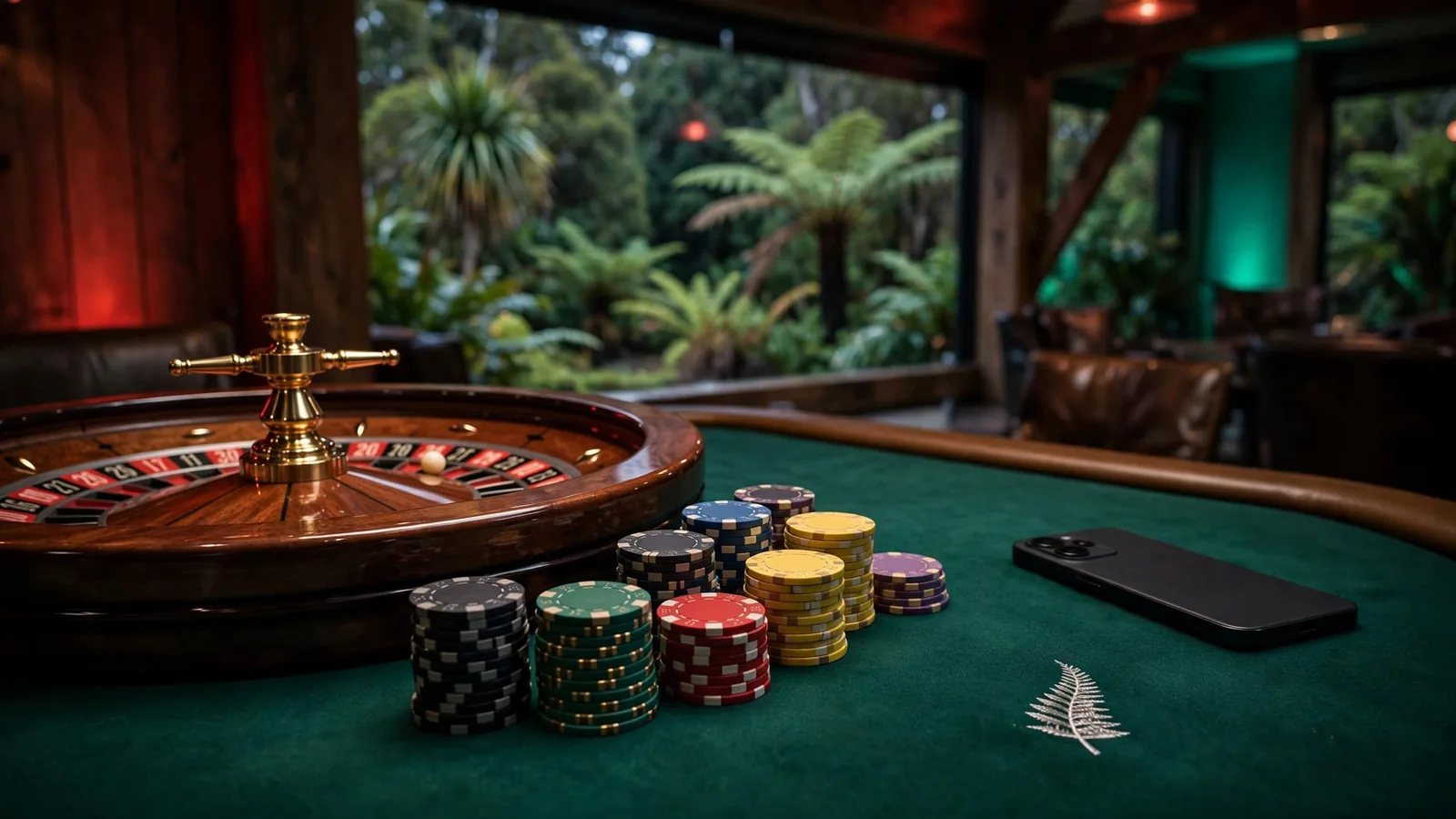 Roulette wheel with casino chips and a face-down phone on a green table in New Zealand