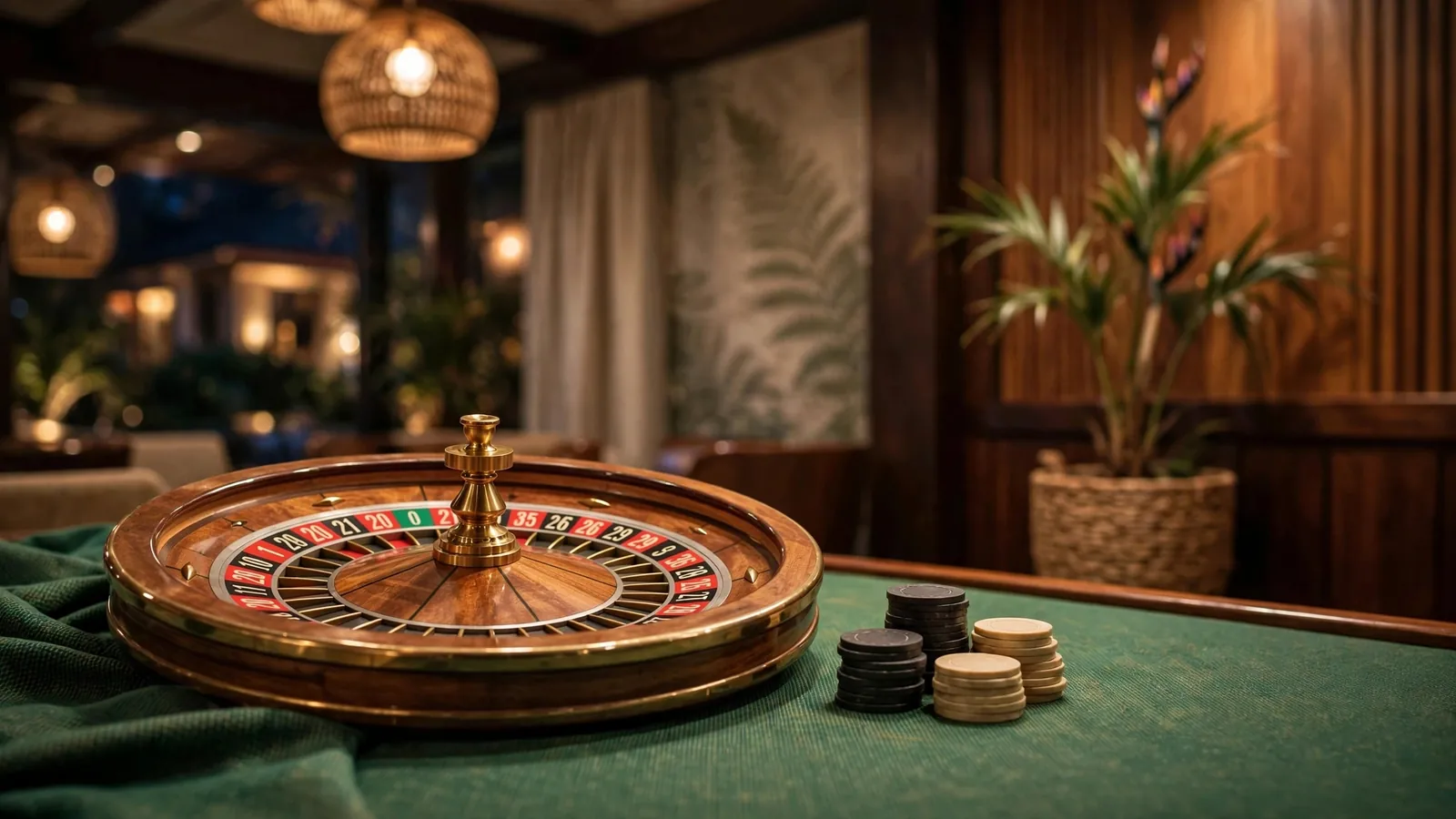 Elegant European roulette wheel with stacked chips on a green table