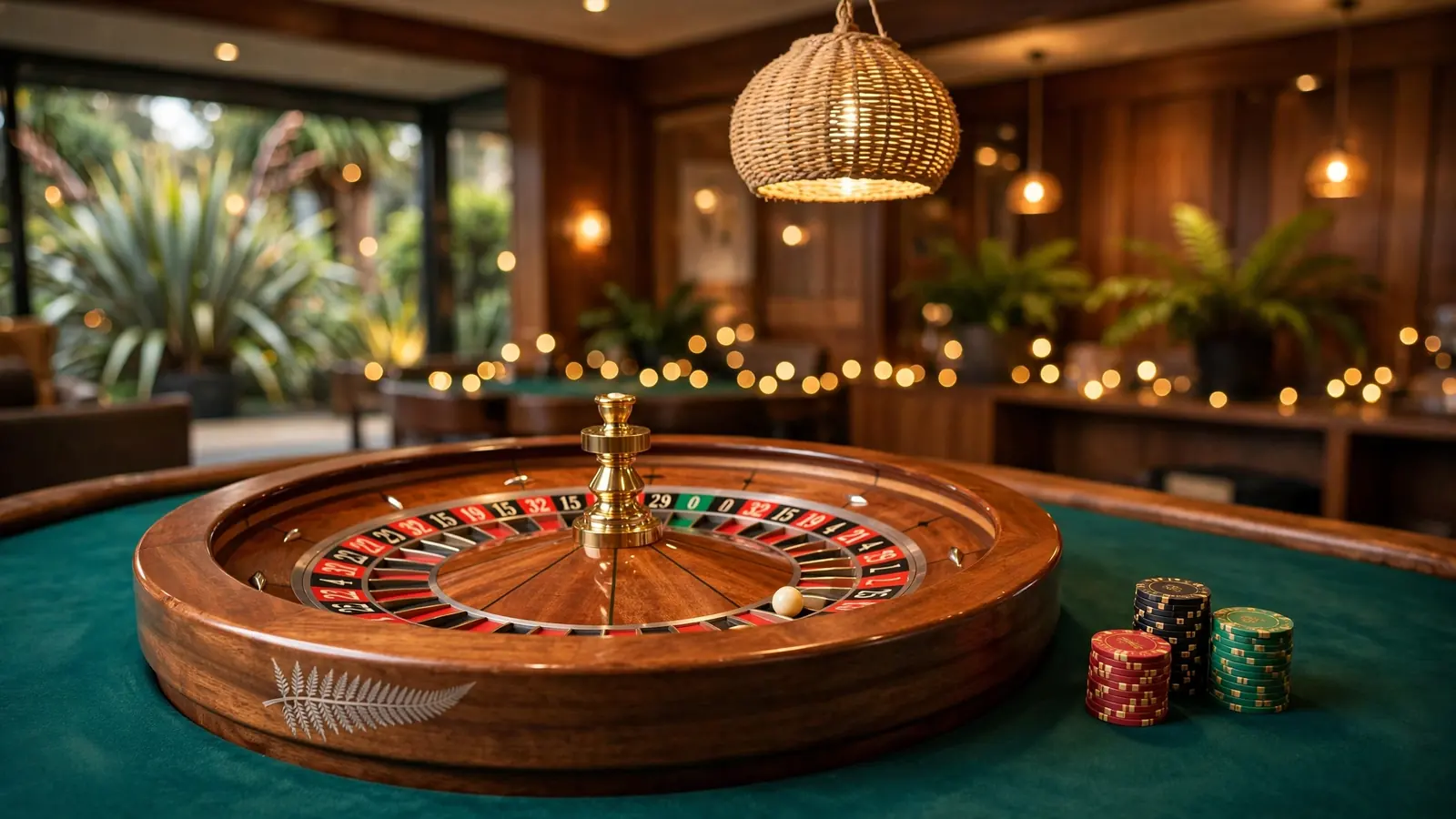 Roulette wheel on a green table with stacked chips and New Zealand fern accents
