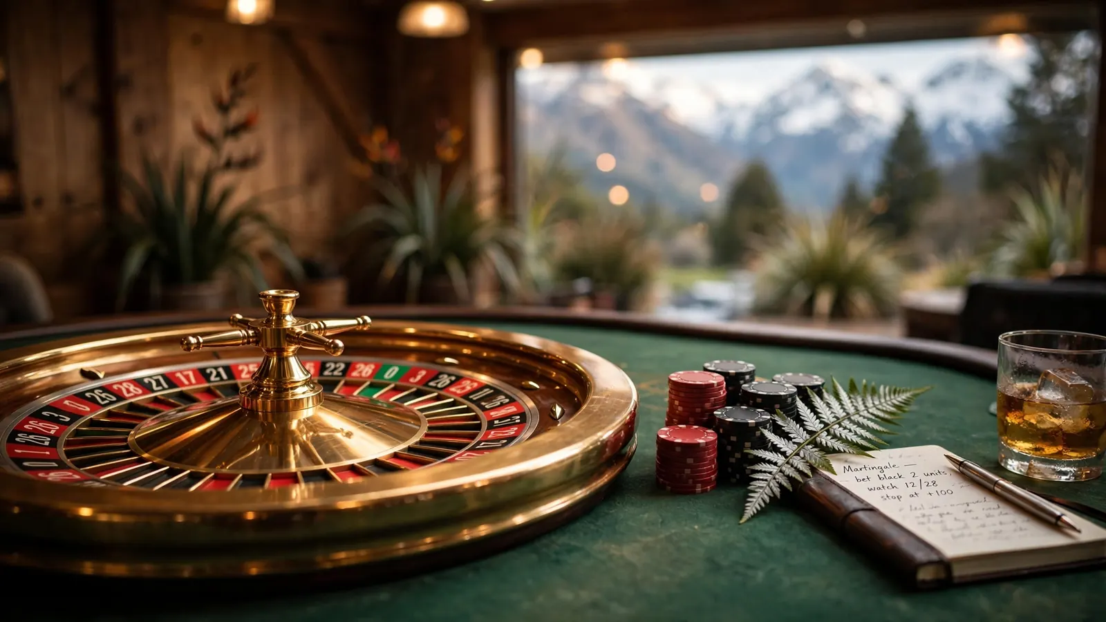 Roulette wheel with casino chips on a green table, silver fern and New Zealand mountains in the background.