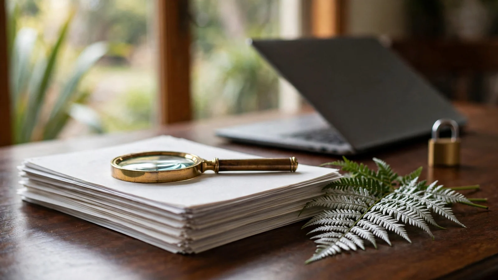 Magnifying glass over documents with silver fern and locked laptop on a New Zealand desk