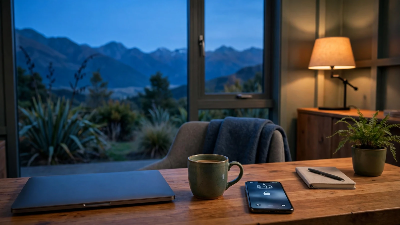 Closed laptop and locked smartphone on a New Zealand home office desk at dusk