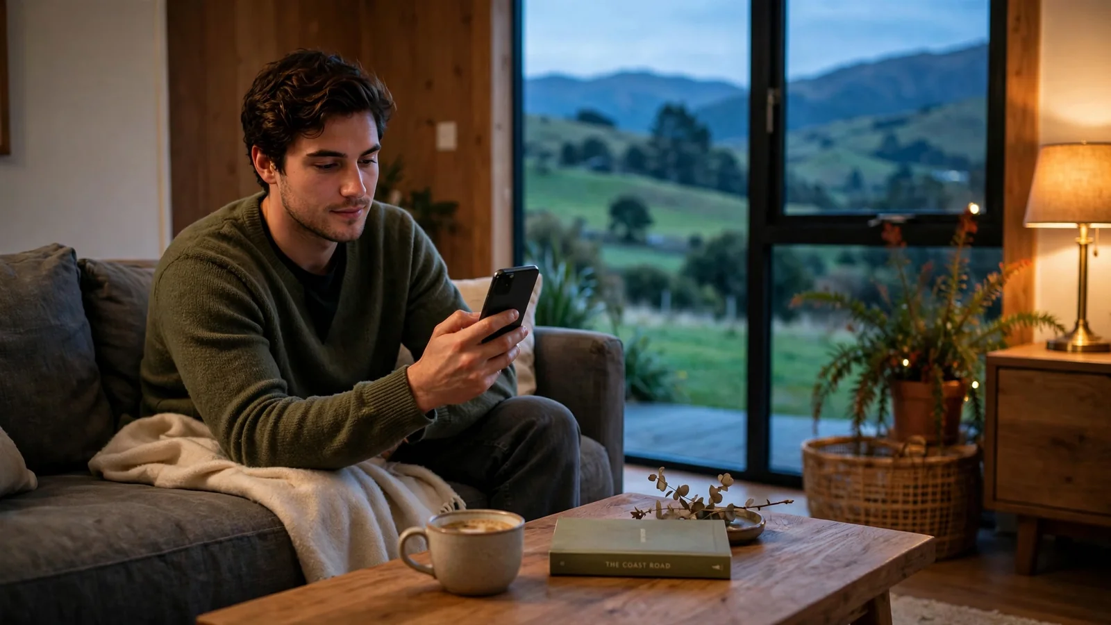 Person relaxing with smartphone in New Zealand home at dusk