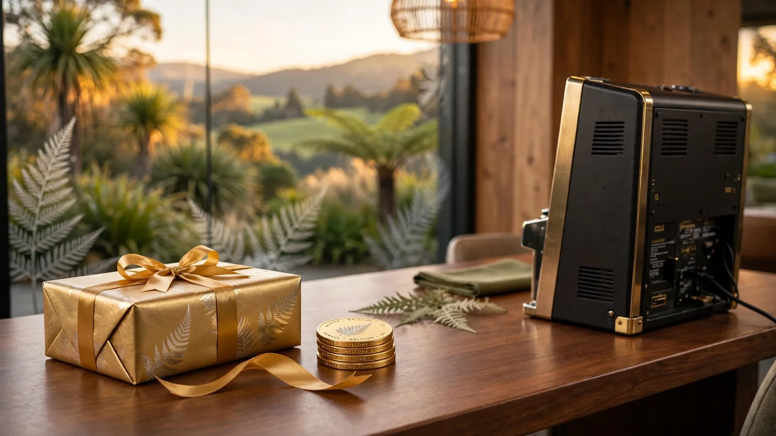 Golden welcome gift box and promotional tokens on a casino table with New Zealand bush view
