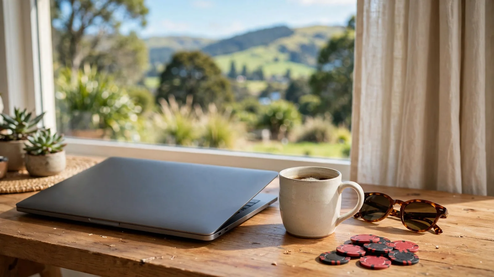 Laptop on a desk with casino chips, New Zealand landscape through the window.
