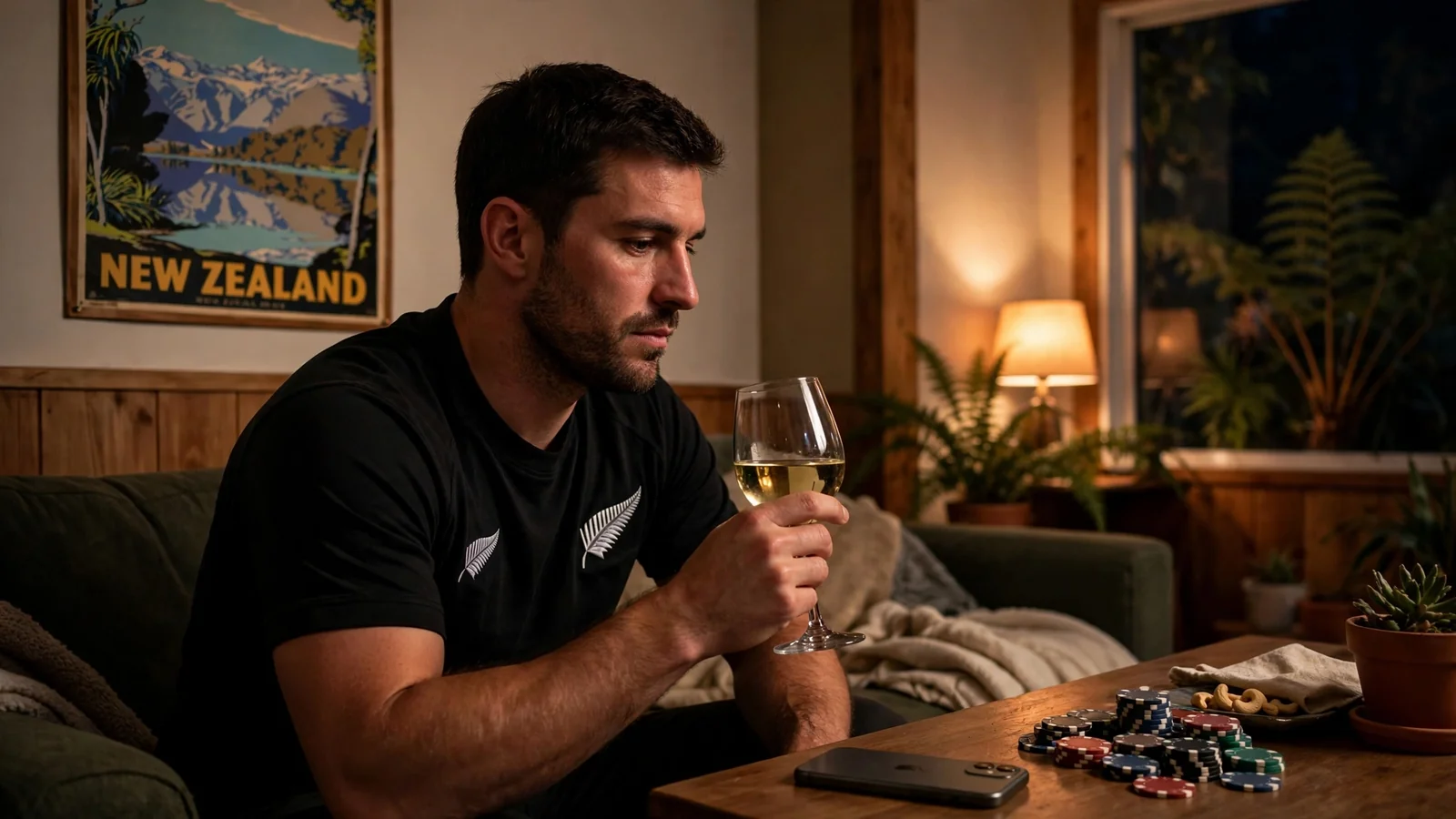 New Zealand player in lounge with face-down phone and casino chips