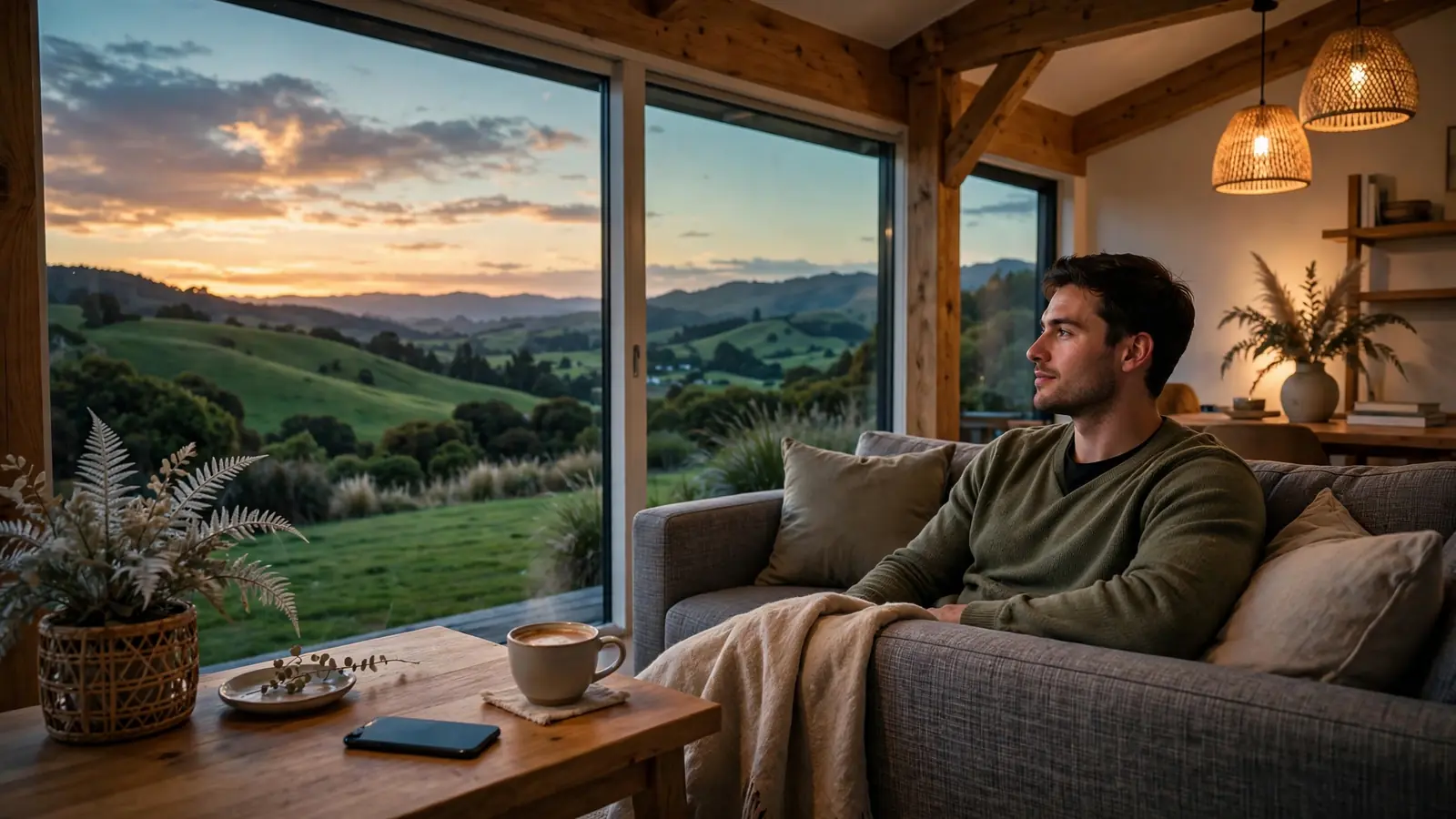 Cozy New Zealand home interior with smartphone on sofa at dusk