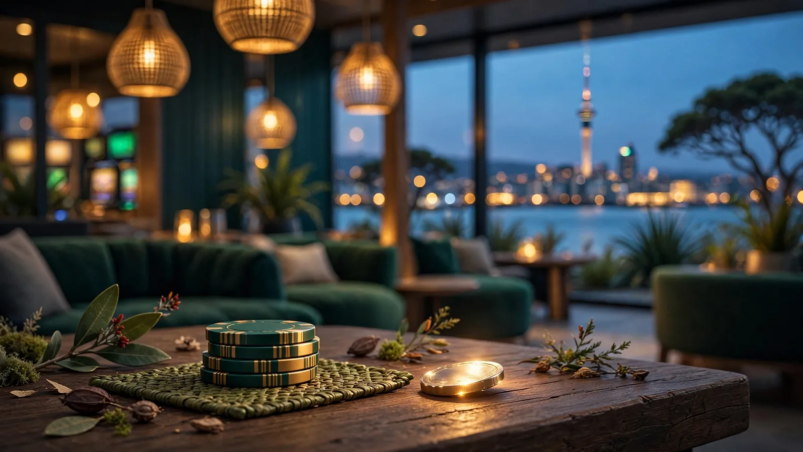 Stylized casino lounge scene with chips, coins, and Auckland skyline at dusk