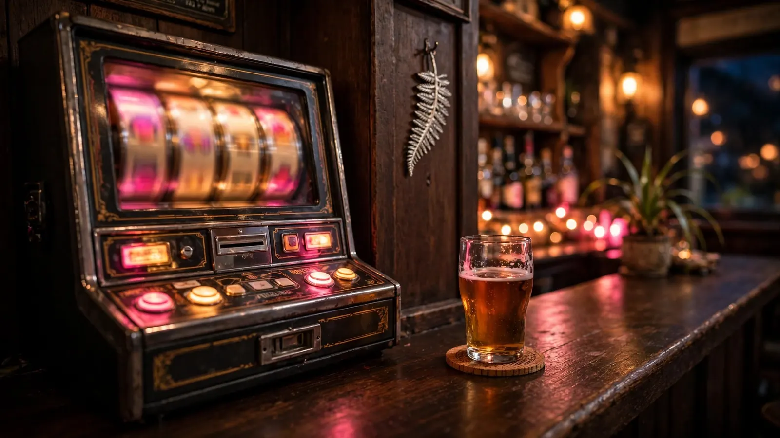 Glowing pokie machine in a cozy New Zealand pub with warm lighting