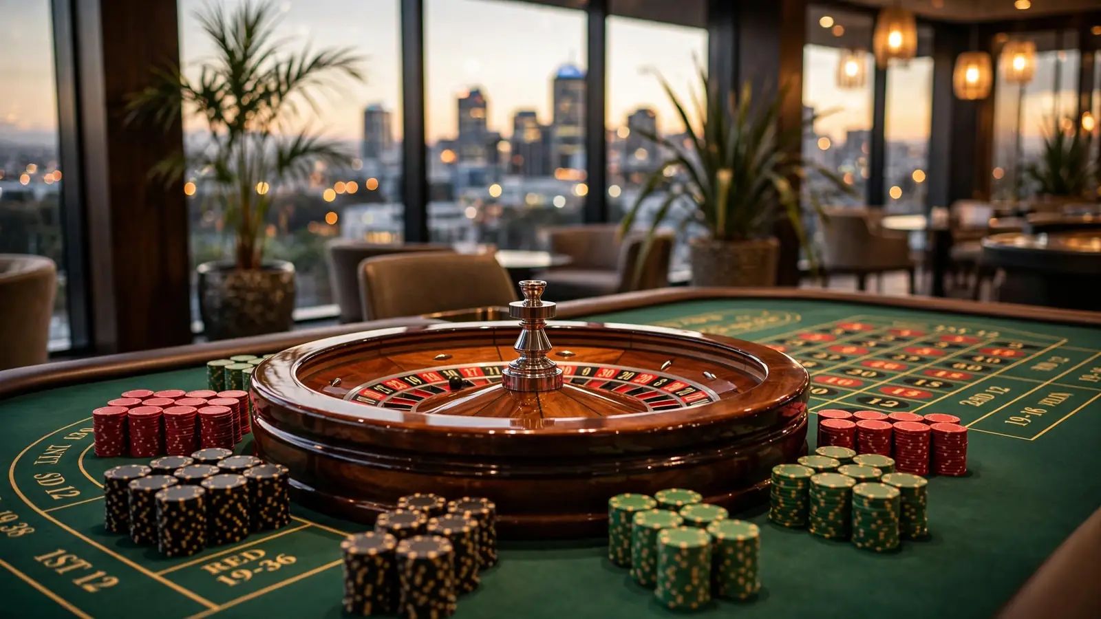 Elegant live roulette table in a New Zealand casino at dusk