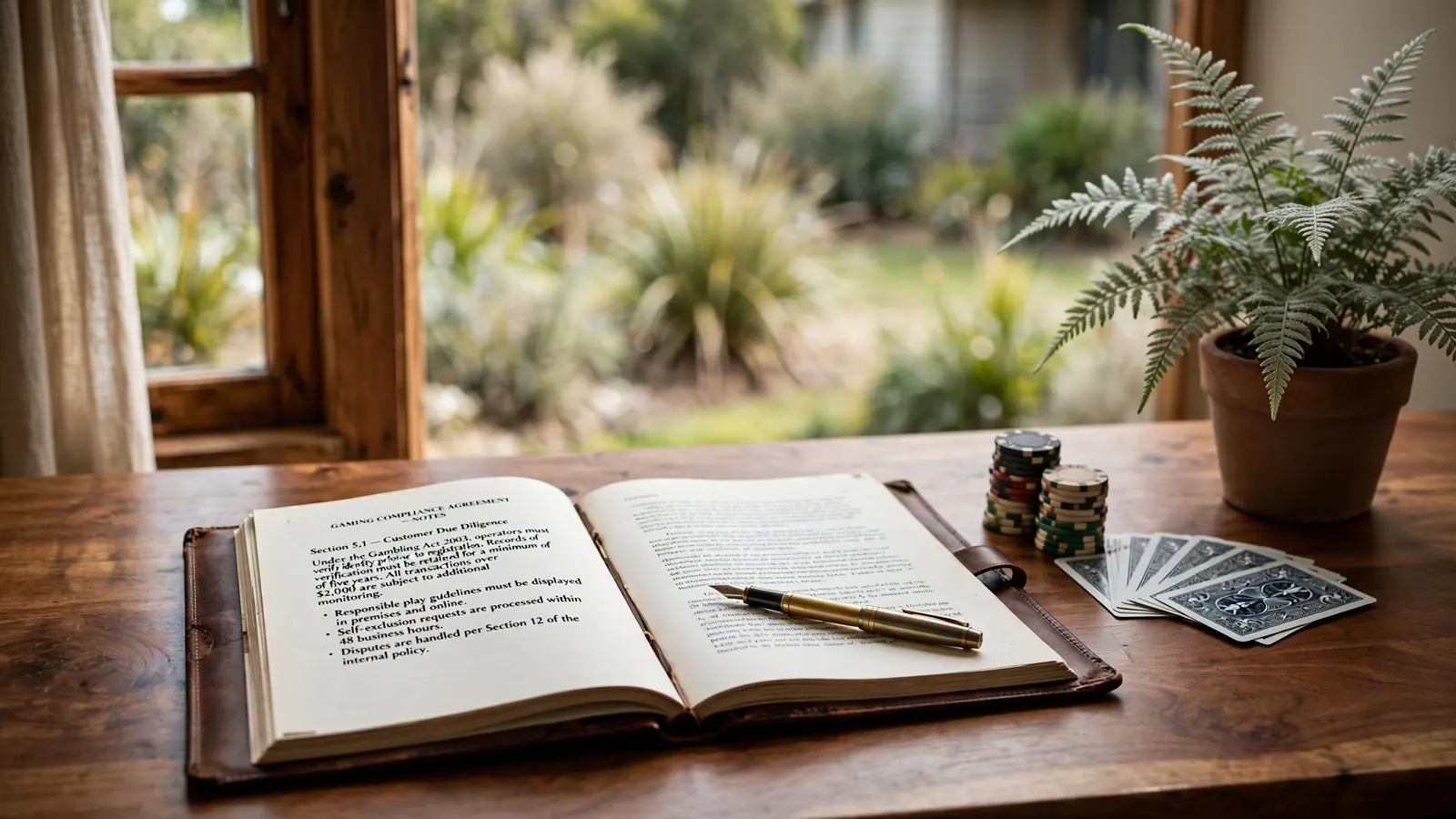 Open legal document on wooden desk with poker chips and silver fern plant