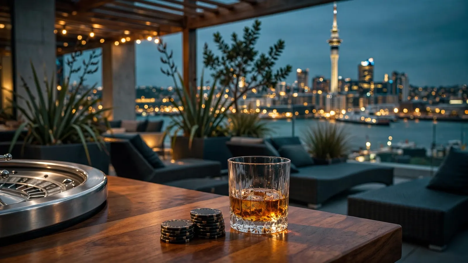 Casino chips and roulette wheel with Auckland skyline at dusk
