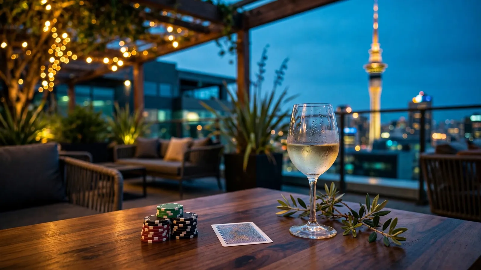 Auckland rooftop lounge at dusk with casino chips and a wine glass, Sky Tower behind.