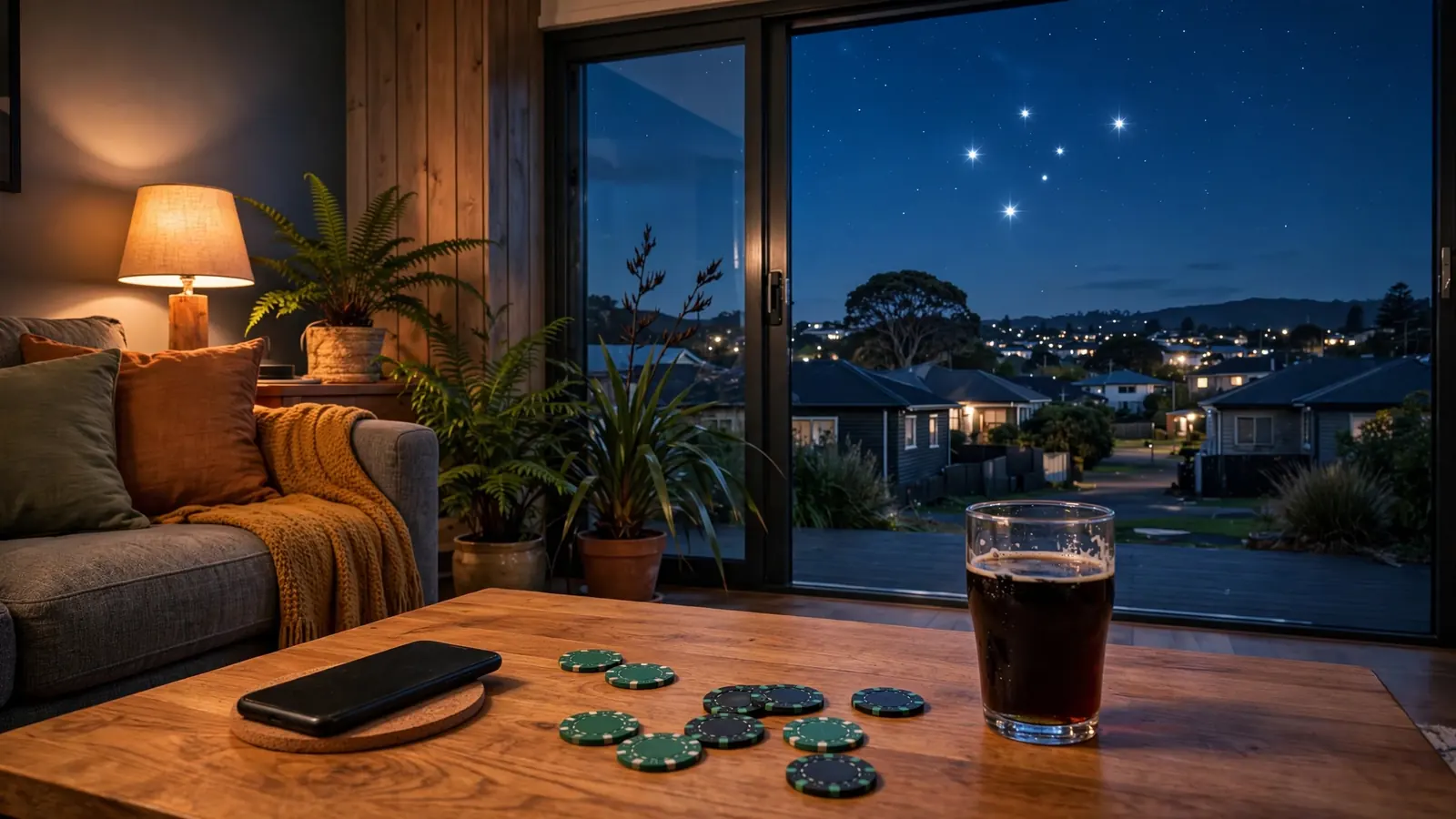 New Zealand evening scene with poker chips and face-down phone on a coffee table