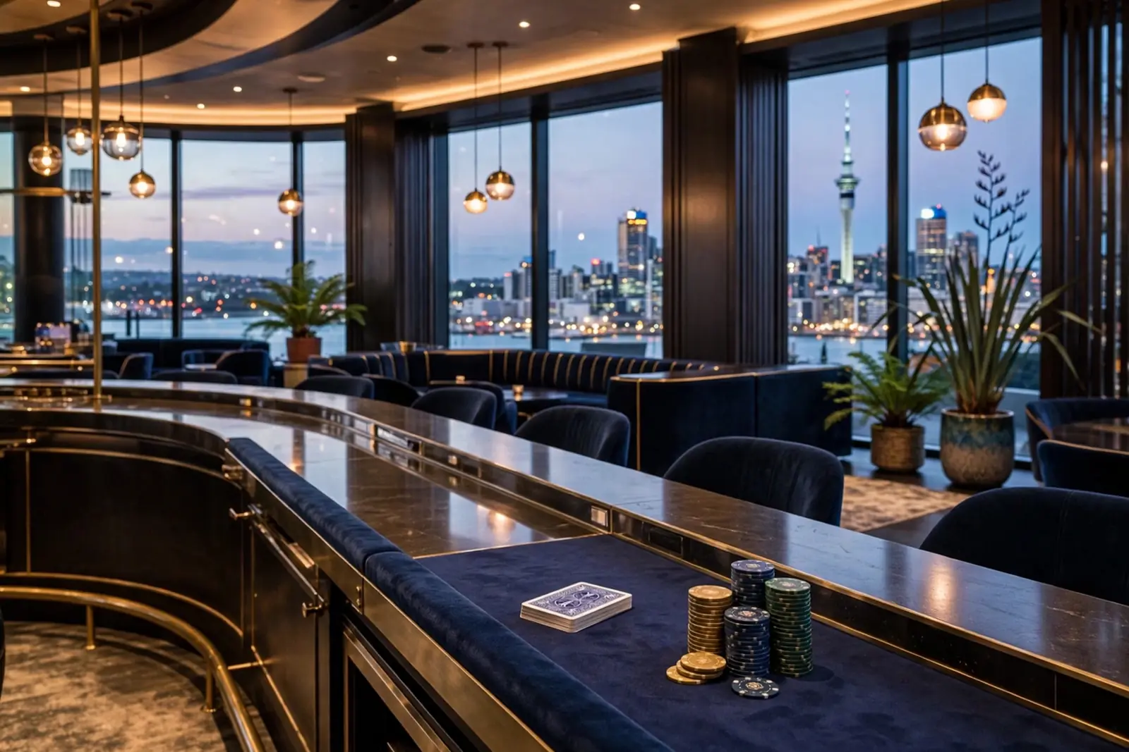 Modern casino lounge overlooking Auckland skyline at twilight