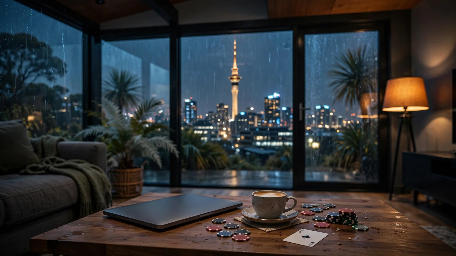 New Zealand home interior at night with closed laptop, casino chips, and a playing card on the table, city skyline beyond the glass.